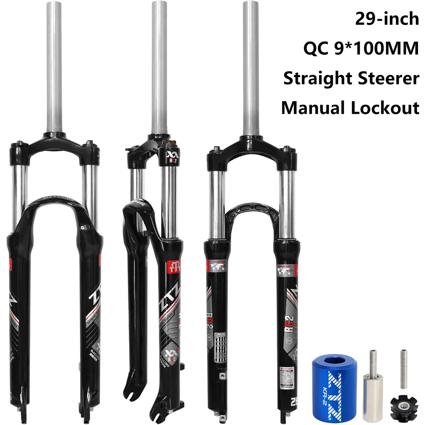 ZTZ 26/27.5/29 Inch MTB Suspension Fork, 120mm Travel, 28.6mm Straight Steerer QR 9mm, 100mm Spacing Hub, Crown Lockout Aluminum Alloy Shock Absorber XC Mountain Bike Front Fork