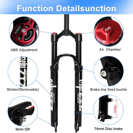 ZTZ 26/27.5/29 inch MTB Dual Air Suspension Fork, 1 1/8 Straight Tube, 120mm Travel, QR 9mm×100mm, Manual Lockout, Lightweight Front Fork for XC/AM Mountain Bike