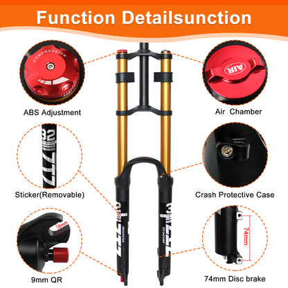 ZTZ Dual Crown MTB Air Suspension Fork 26/27.5/29" - 180mm Travel, Rebound Adjust