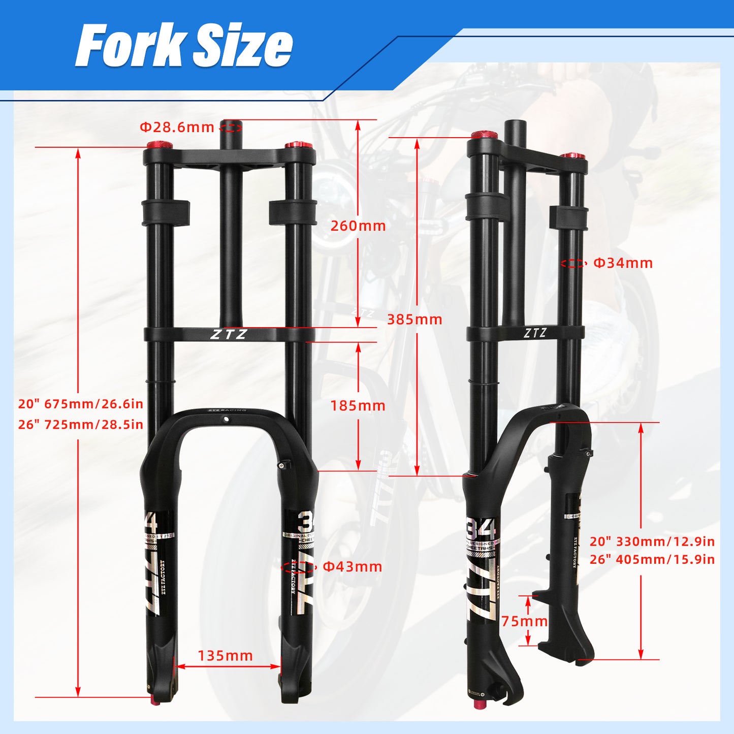 ZTZ Dual Crown Fat Tire Air Suspension Fork 20/26" - 180mm Travel, 4.0" Clearance