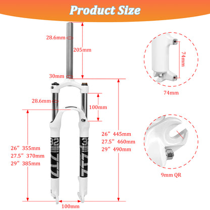 ZTZ XC Mountain Bike Suspension Fork 26/27.5/29" | 100mm Travel, 9mm QR, Straight Tube