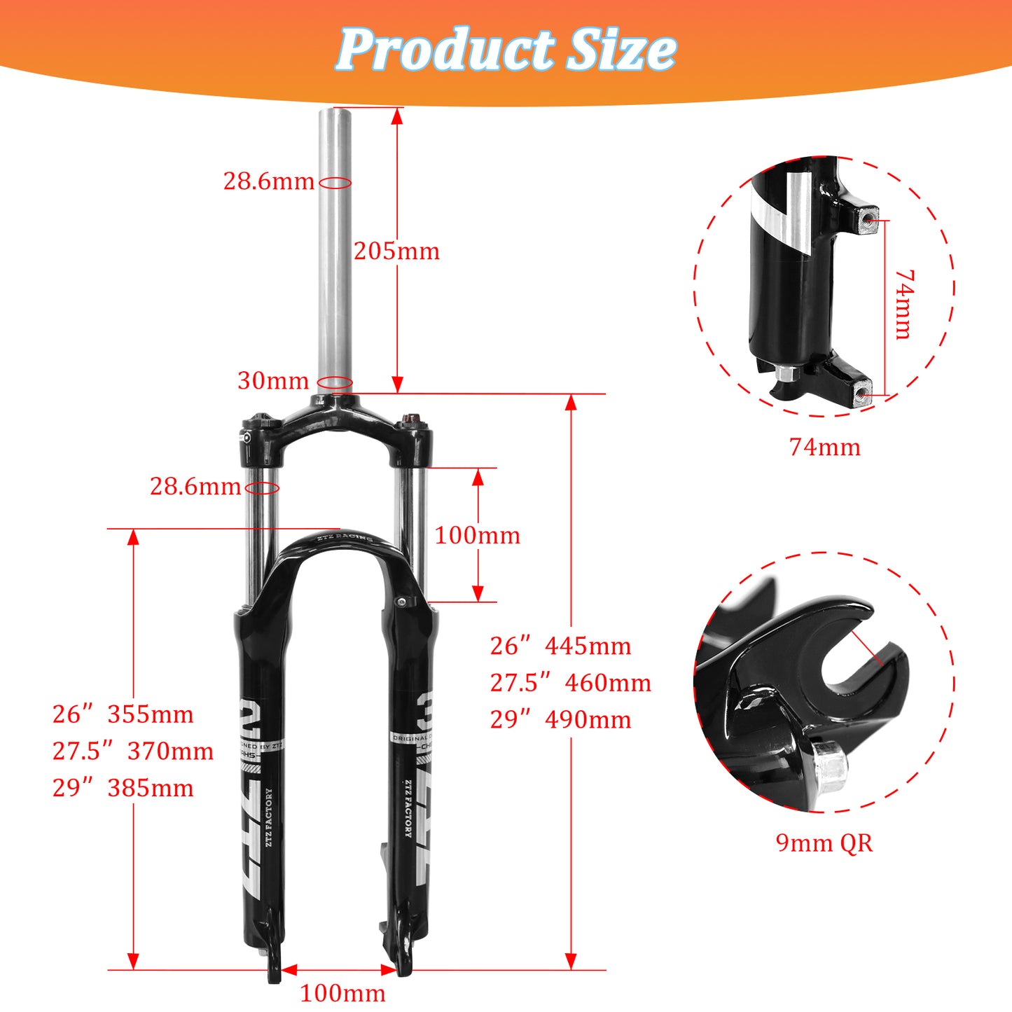 ZTZ 26"/27.5"/29" MTB Suspension Fork, 100mm Travel, 9mm QR, 100mm Spacing Hub, 28.6mm Straight Tube, Crown Lockout, Aluminum Alloy Shock Absorber XC Mountain Bike Front Fork