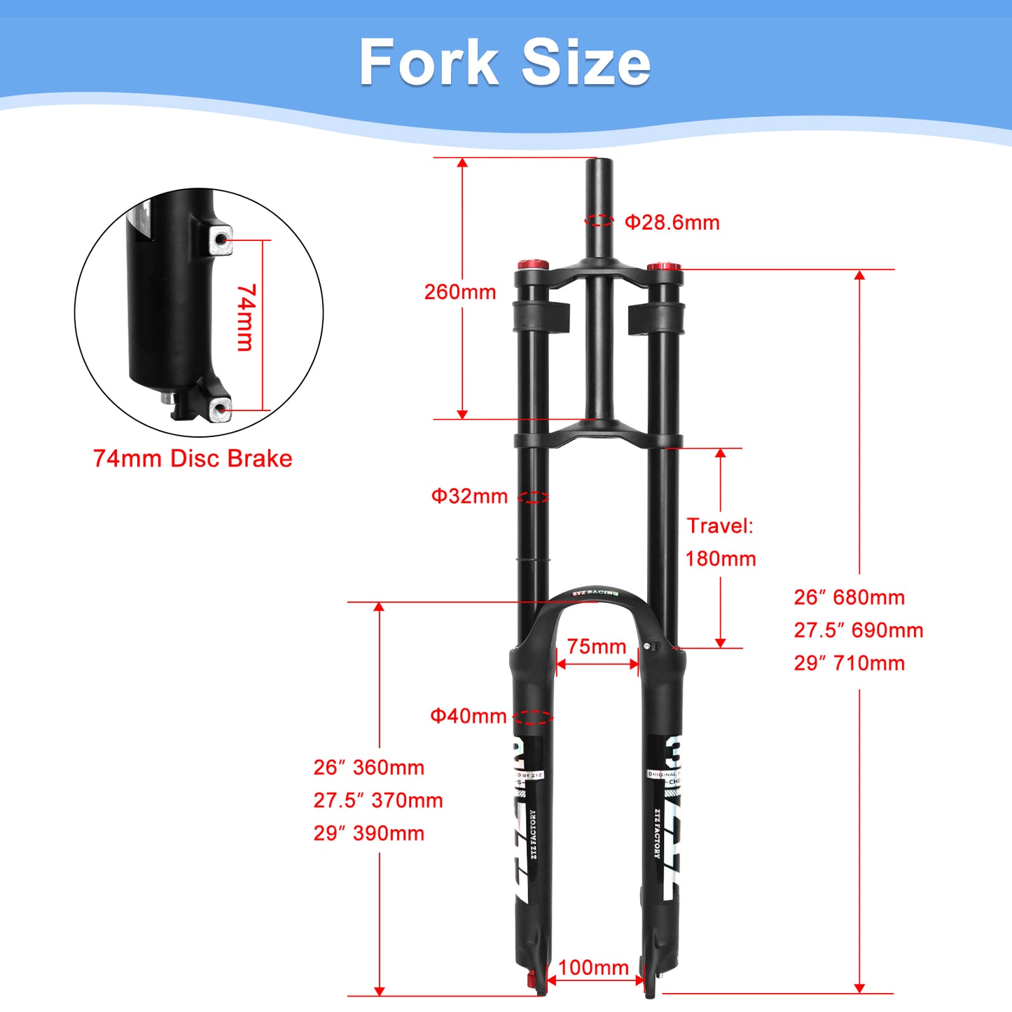 ZTZ 26/27.5/29 inch Mountain Bike Air Suspension Fork, Rebound Adjustment, 180mm Travel, QR 9x100mm, 1-1/8 Straight Steerer, Ultralight Double Shoulder Design Front Fork for XC/AM MTB