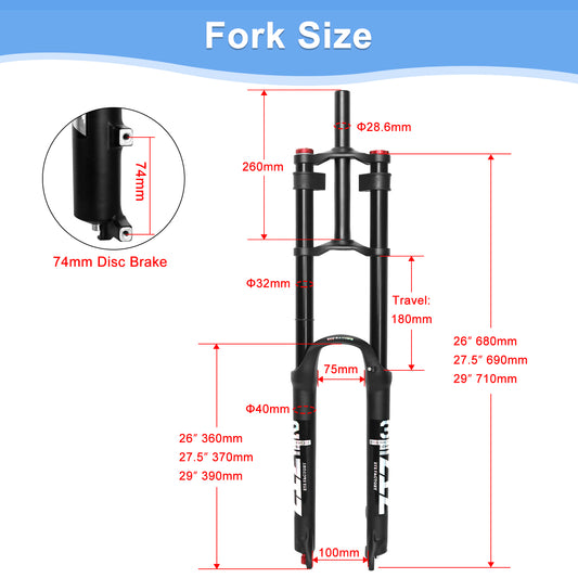 ZTZ 26/27.5/29 inch Mountain Bike Air Suspension Fork, Rebound Adjustment, 180mm Travel, QR 9x100mm, 1-1/8 Straight Steerer, Ultralight Double Shoulder Design Front Fork for XC/AM MTB