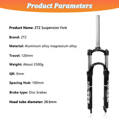 ZTZ 26"/27.5"/29" MTB Suspension Fork, 100mm Travel, 9mm QR, 100mm Spacing Hub, 28.6mm Straight Tube, Crown Lockout, Aluminum Alloy Shock Absorber XC Mountain Bike Front Fork
