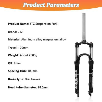 ZTZ XC Mountain Bike Suspension Fork 26/27.5/29" | 100mm Travel, 9mm QR, Straight Tube