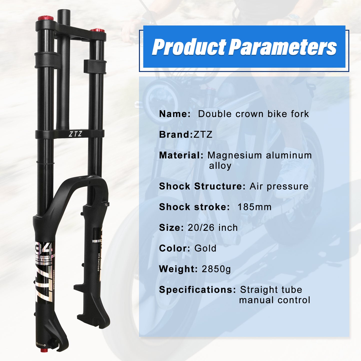 ZTZ Dual Crown Fat Tire Air Suspension Fork 20/26" - 180mm Travel, 4.0" Clearance