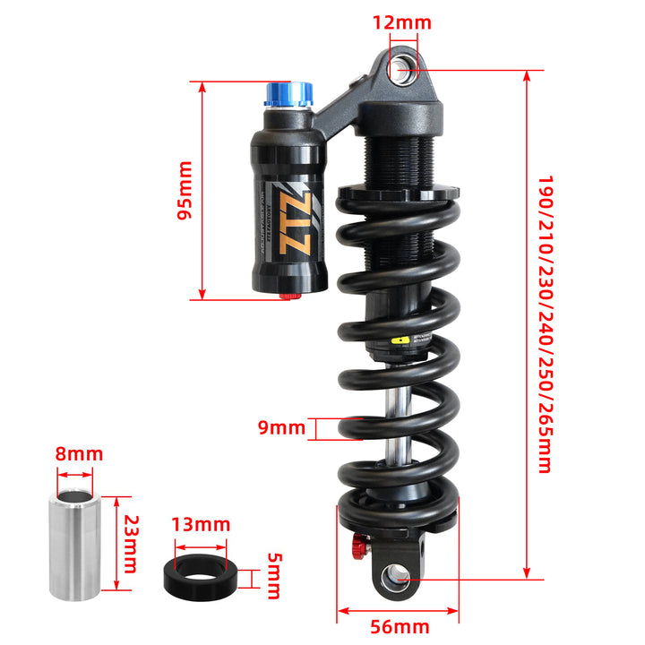 ZTZ Adjustable Coil Rear Shock for MTB & E-Bikes – 550 lbs/in, 190–265mm