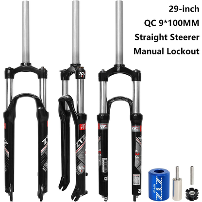 ZTZ 26/27.5/29 Inch MTB Suspension Fork, Travel 120mm, 28.6mm Straight Tube QR 9mm, 100mm Spacing Hub, Crown Lockout Aluminum Alloy Shock Absorber XC Mountain Bike Front Fork
