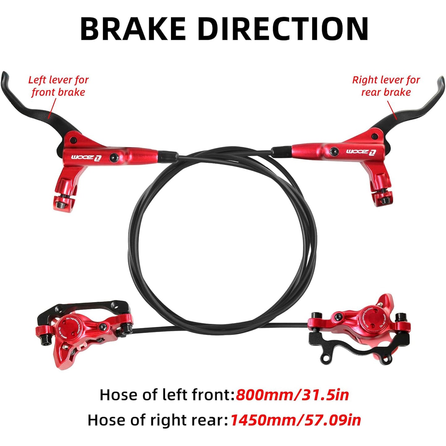Z00M MTB Hydraulic Disc Brakes Set Mountain Bike Left Front 800mm Right Rear 1450mm Hydraulic Brake Aluminum Alloy Bicycle Disc Brake for E-Bike Fat Bike Road Bike 2 Piston