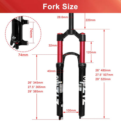 ZTZ 26/27.5/29 inch MTB Dual Air Suspension Fork, 1 1/8 Straight Tube, 120mm Travel, QR 9mm×100mm, Manual Lockout, Lightweight Front Fork for XC/AM Mountain Bike