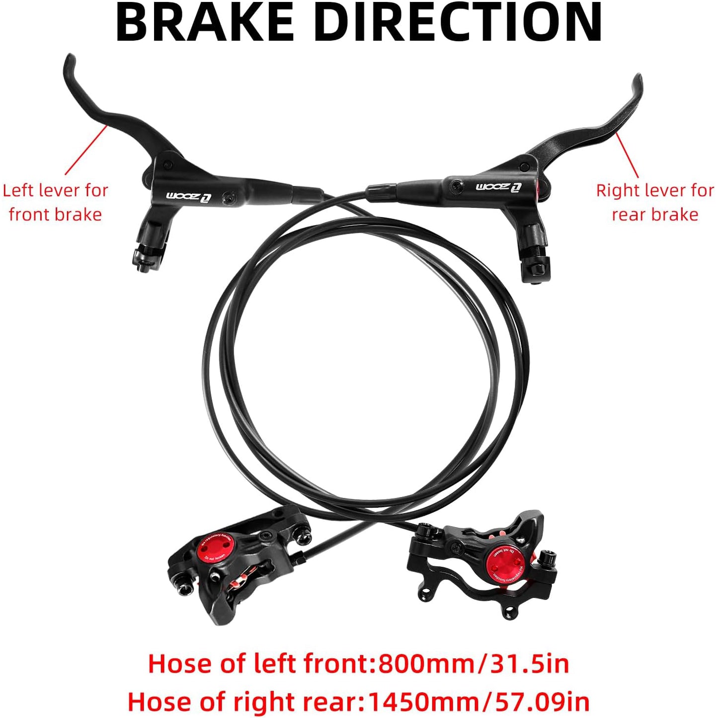 Z00M MTB Hydraulic Disc Brakes Set Mountain Bike Left Front 800mm Right Rear 1450mm Hydraulic Brake Aluminum Alloy Bicycle Disc Brake for E-Bike Fat Bike Road Bike 2 Piston