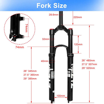 ZTZ 26/27.5/29 inch MTB Dual Air Suspension Fork, 1 1/8 Straight Tube, 120mm Travel, QR 9mm×100mm, Manual Lockout, Lightweight Front Fork for XC/AM Mountain Bike