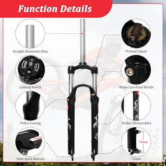ZTZ 26/27.5/29 Inch MTB Suspension Fork, 120mm Travel, 28.6mm Straight Steerer QR 9mm, 100mm Spacing Hub, Crown Lockout Aluminum Alloy Shock Absorber XC Mountain Bike Front Fork