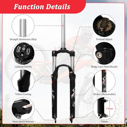 ZTZ 26/27.5/29 Inch MTB Suspension Fork, Travel 120mm, 28.6mm Straight Tube QR 9mm, 100mm Spacing Hub, Crown Lockout Aluminum Alloy Shock Absorber XC Mountain Bike Front Fork