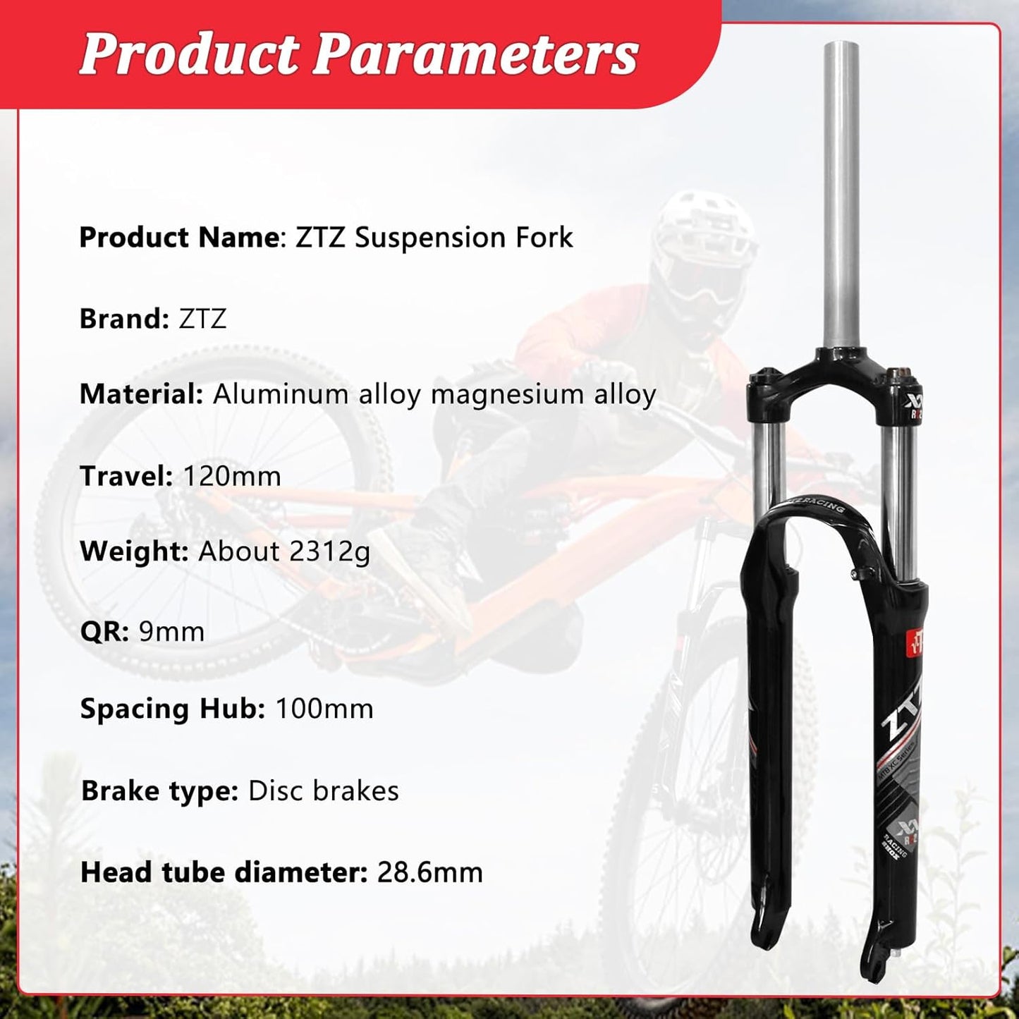 ZTZ 26/27.5/29 Inch MTB Suspension Fork, 120mm Travel, 28.6mm Straight Steerer QR 9mm, 100mm Spacing Hub, Crown Lockout Aluminum Alloy Shock Absorber XC Mountain Bike Front Fork