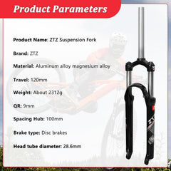 ZTZ 26/27.5/29 Inch MTB Suspension Fork, 120mm Travel, 28.6mm Straight Steerer QR 9mm, 100mm Spacing Hub, Crown Lockout Aluminum Alloy Shock Absorber XC Mountain Bike Front Fork