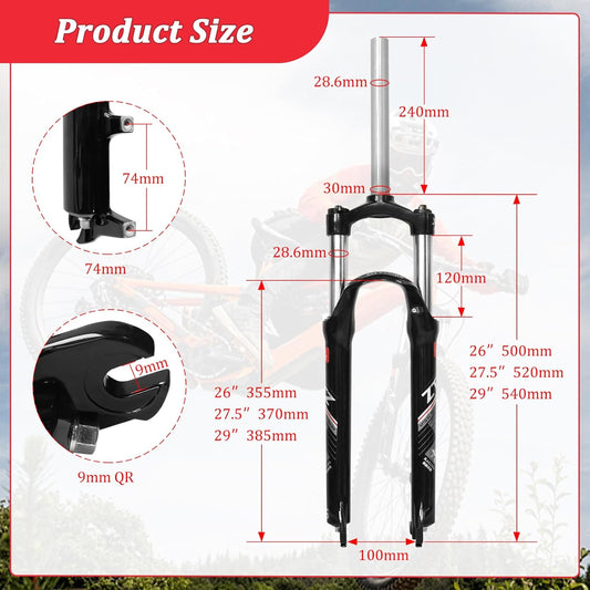 ZTZ 26/27.5/29 Inch MTB Suspension Fork, 120mm Travel, 28.6mm Straight Steerer QR 9mm, 100mm Spacing Hub, Crown Lockout Aluminum Alloy Shock Absorber XC Mountain Bike Front Fork