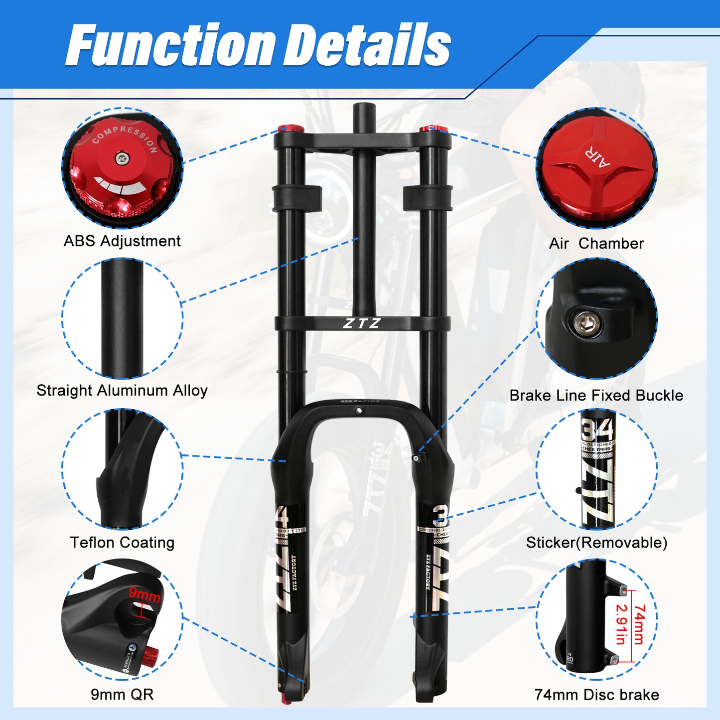 ZTZ Dual Crown Fat Tire Air Suspension Fork 20/26" - 180mm Travel, 4.0" Clearance