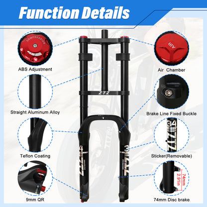 ZTZ Dual Crown Fat Tire Air Suspension Fork 20/26" - 180mm Travel, 4.0" Clearance